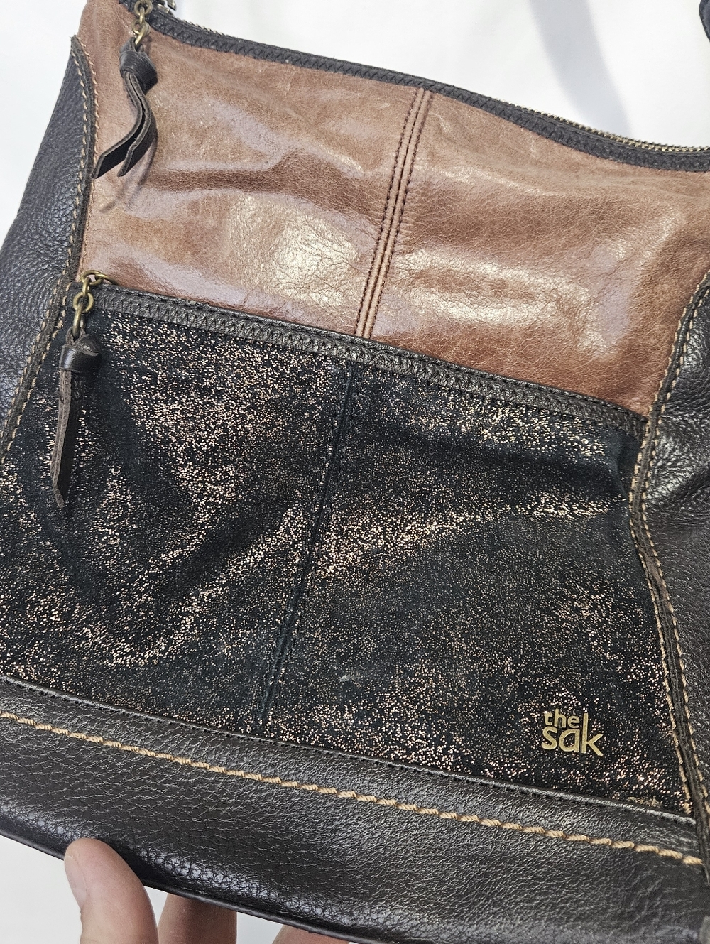 The Sak "Iris" Two-Tone Metallic Copper and Brown Leather Crossbody Bag
